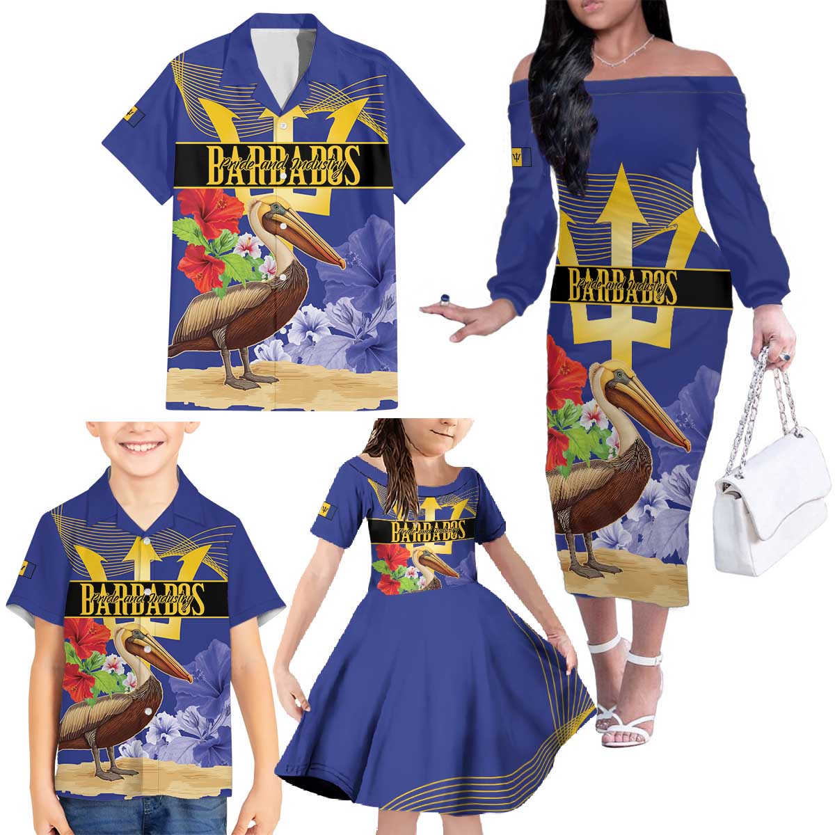 Barbados Independence Day Family Matching Off The Shoulder Long Sleeve Dress and Hawaiian Shirt 30 November Brown Pelican With Trident - Wonder Print Shop