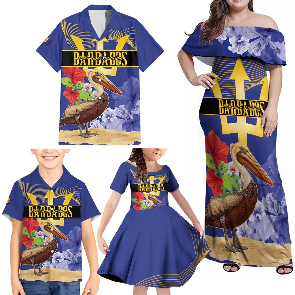 Barbados Independence Day Family Matching Off Shoulder Maxi Dress and Hawaiian Shirt 30 November Brown Pelican With Trident