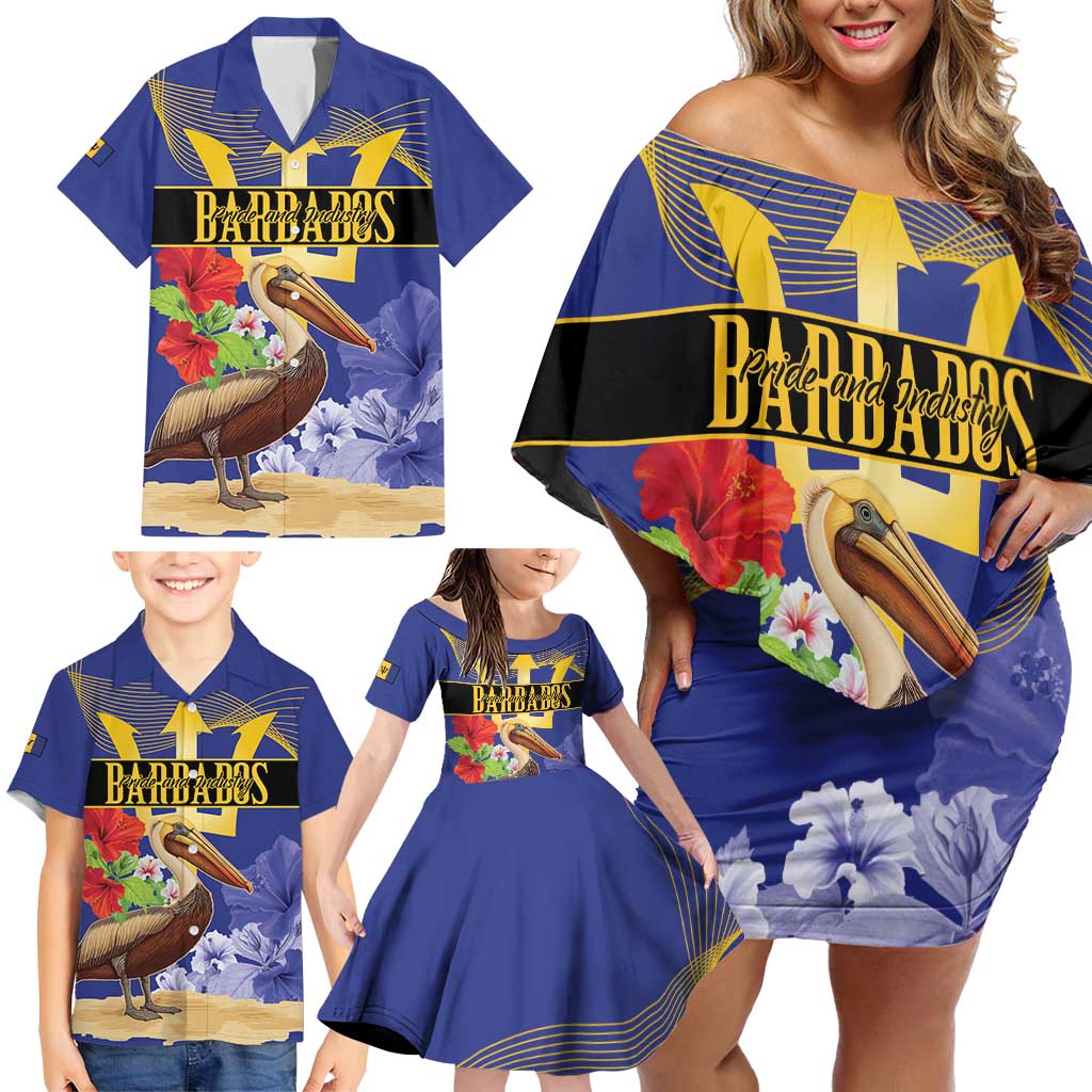 Barbados Independence Day Family Matching Off Shoulder Short Dress and Hawaiian Shirt 30 November Brown Pelican With Trident - Wonder Print Shop