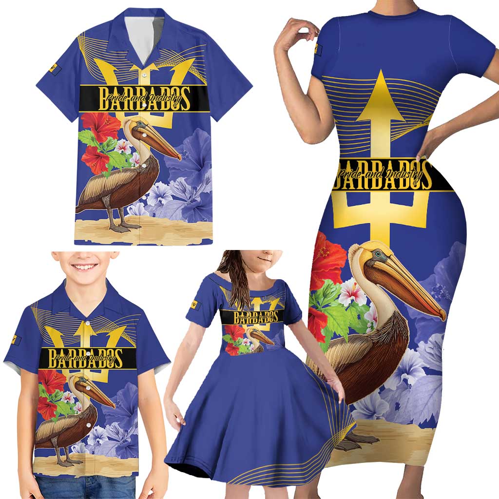 Barbados Independence Day Family Matching Short Sleeve Bodycon Dress and Hawaiian Shirt 30 November Brown Pelican With Trident - Wonder Print Shop