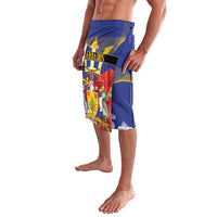 Blue printed lavalava shorts with crest and trident graphic, side view, elastic waist