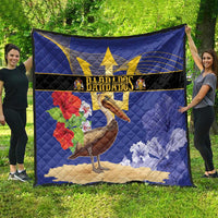 Blue Barbados quilt with large banner design showing trident, pelican, and floral accents