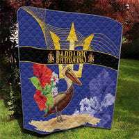 Blue quilt with Barbados emblem striping, golden trident, pelican, and island map details