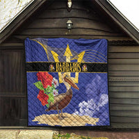 Blue quilt in alcove with central Barbados emblem strip, golden trident, and pelican