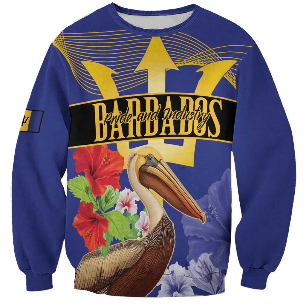 Unisex blue sweatshirt with yellow graphic, pelican and floral front print