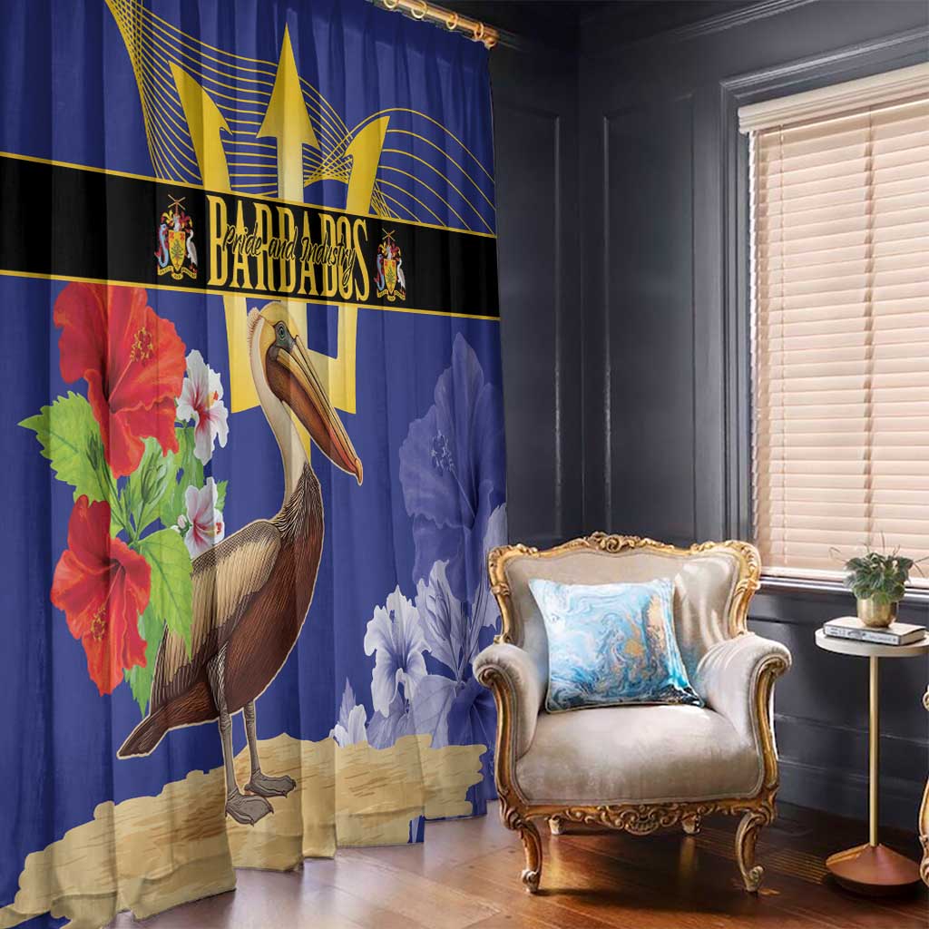Blue window curtain panels with pelican and floral print, featuring Barbados emblem band
