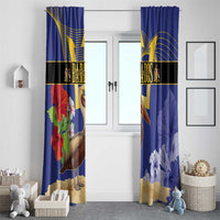 Blue curtain panels for windows with pelican, flowers, and gold emblem stripe