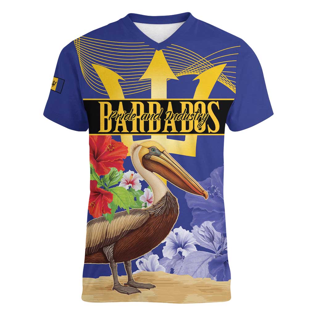 Barbados Independence Day Women V-Neck T-Shirt 30 November Brown Pelican With Trident - Wonder Print Shop