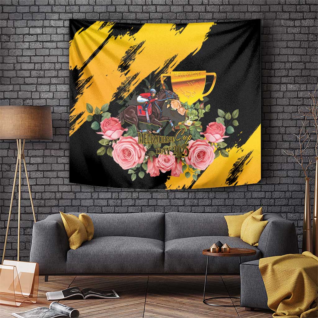 Black and yellow horse racing trophy tapestry with pink roses and jockey scene