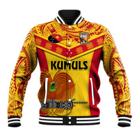 Yellow and red custom baseball jacket with patterned sleeves, KUMULS logo, ribbed cuffs