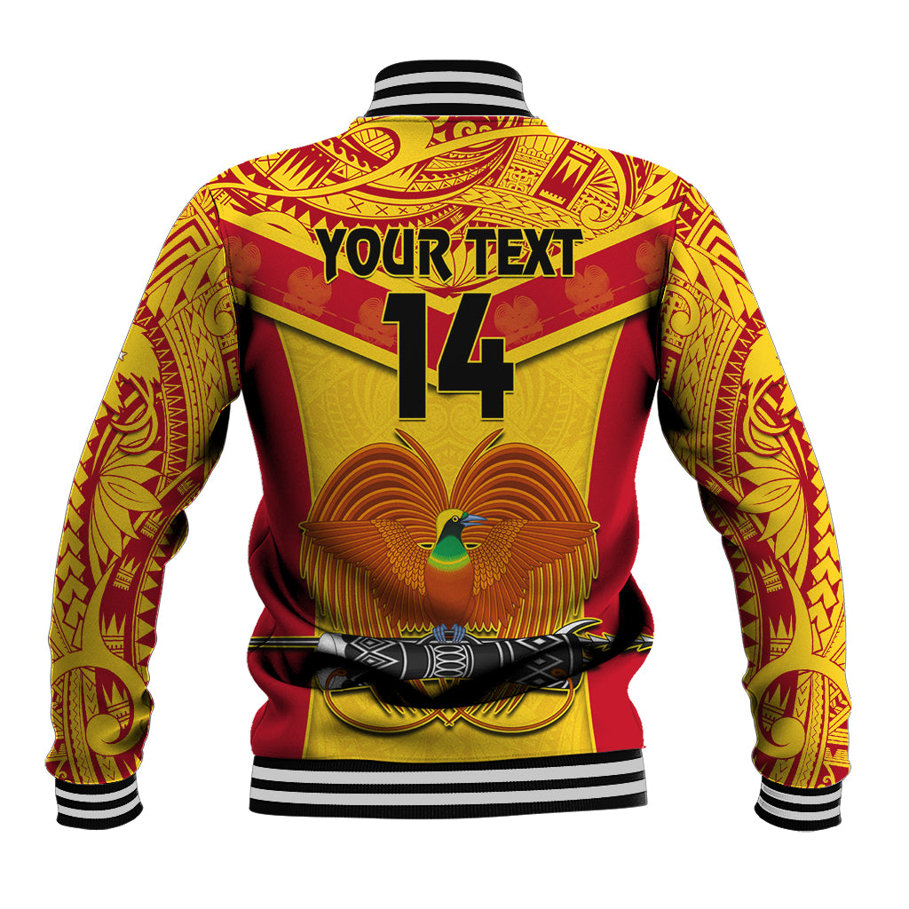 Yellow and red custom baseball jacket, back print YOURTEXT 14, ribbed striped collar
