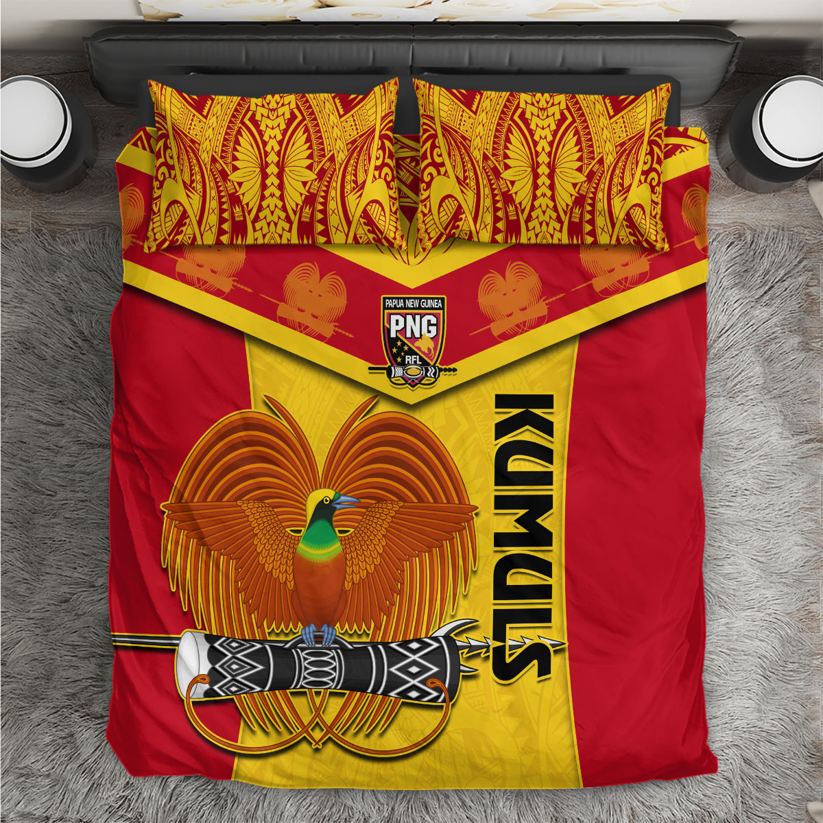 Rugby bedding set with red and yellow PNG, eagle graphic, and 'KUMULS' text on duvet