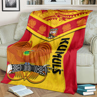 Rugby blanket, red and yellow, with phoenix bird artwork, PNG crest, and KUMUL lettering