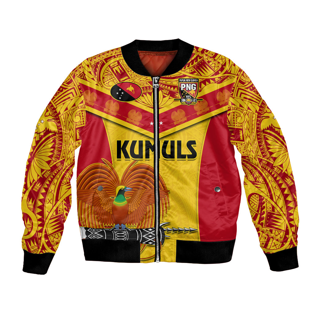 Yellow satin bomber jacket with zip front, ribbed collar, bold KUMULS graphic