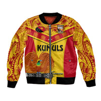 Yellow satin bomber jacket with zip front, ribbed collar, bold KUMULS graphic