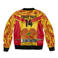 Yellow bomber jacket back with number 14 print, winged eagle graphic, ribbed hem