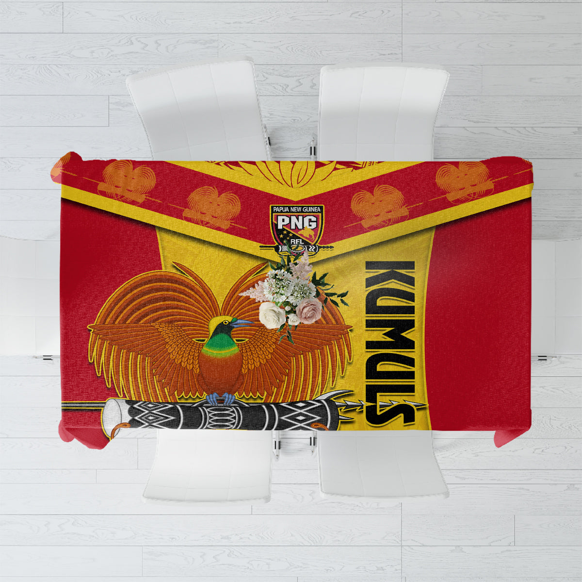 Red and yellow rugby tablecloth with Papua New Guinea crest and emblem, rectangular.