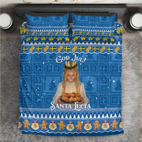 Blue Christmas bedding set with Santa Lucia and God Jul print, includes matching pillowcases