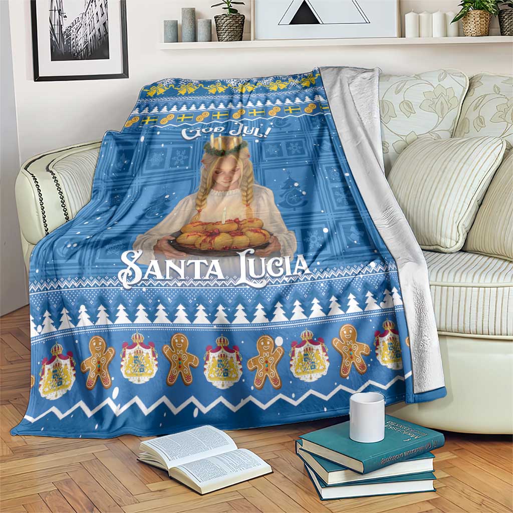 Blue Santa Lucia Christmas blanket with God Jul text and festive gingerbread figures