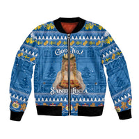 Blue unisex bomber jacket with festive God Jul Santa Lucia graphic, ribbed cuffs and hem