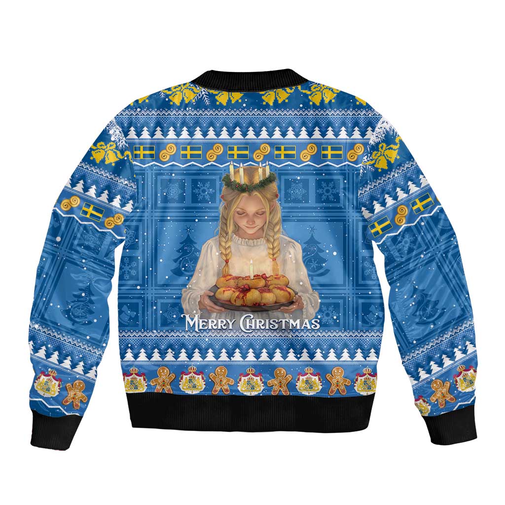 Blue unisex bomber jacket with Merry Christmas Santa Lucia graphic, ribbed cuffs and hem