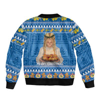 Blue unisex bomber jacket with Merry Christmas Santa Lucia graphic, ribbed cuffs and hem