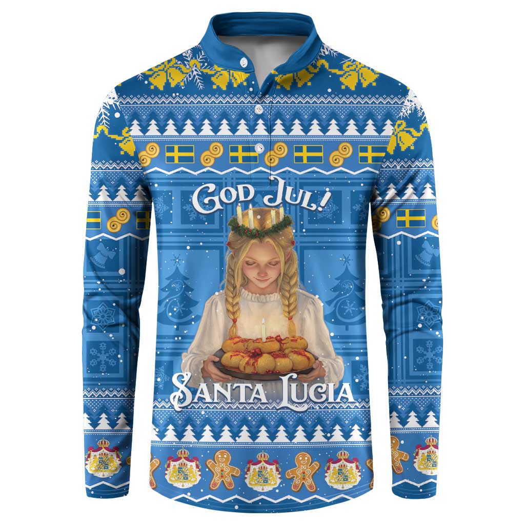 Blue holiday button sweatshirt with Santa Lucia girl graphic and Nordic pattern.