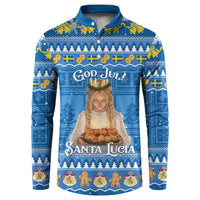 Blue holiday button sweatshirt with Santa Lucia girl graphic and Nordic pattern.