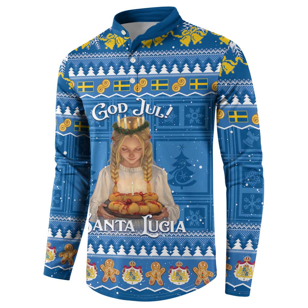 Blue holiday long-sleeve button sweatshirt with Santa Lucia portrait and evergreen trees.
