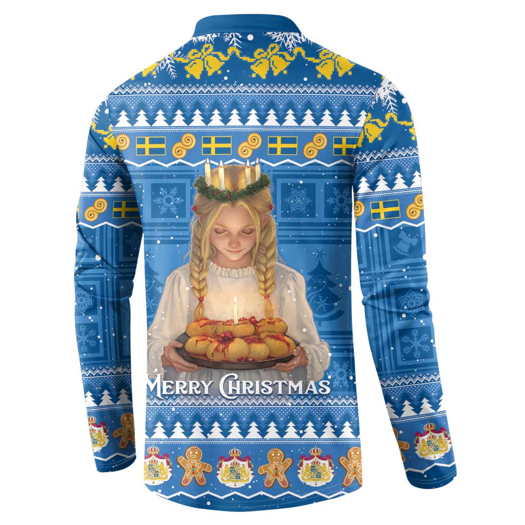 Blue holiday button sweatshirt back view with Santa Lucia scene and festive wording.