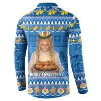 Blue holiday button sweatshirt back view with Santa Lucia scene and festive wording.