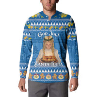 Blue holiday button sweatshirt on model, full front print with Santa Lucia artwork.