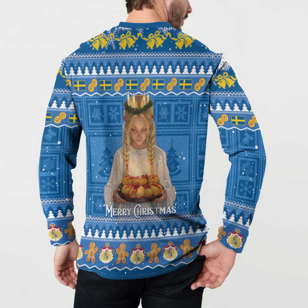 Blue holiday button sweatshirt back on model, Santa Lucia artwork with festive border.