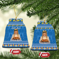 Blue bell-shaped ceramic ornaments: “Santa Lucia” on one, “Merry Christmas” on the other.