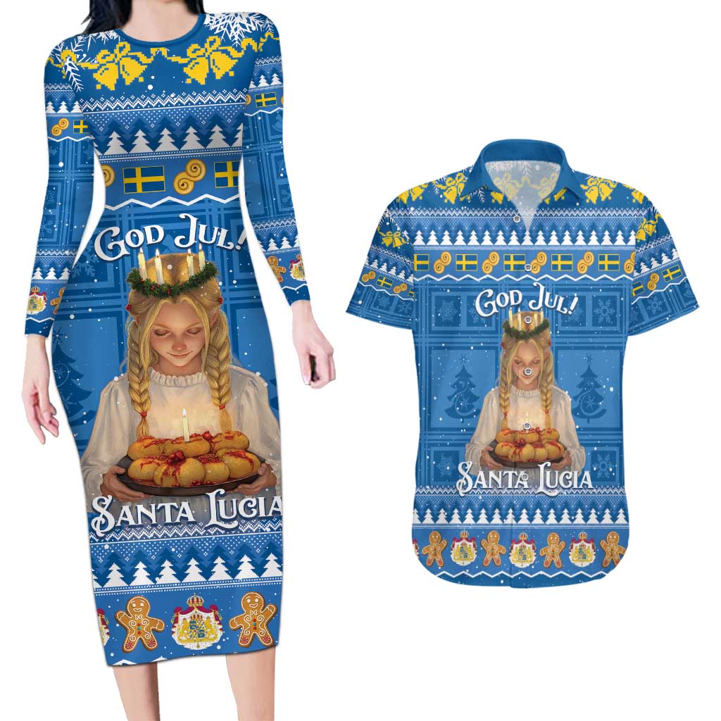 Sweden Christmas Couples Matching Long Sleeve Bodycon Dress and Hawaiian Shirt God Jul! Santa Lucia - Wonder Print Shop