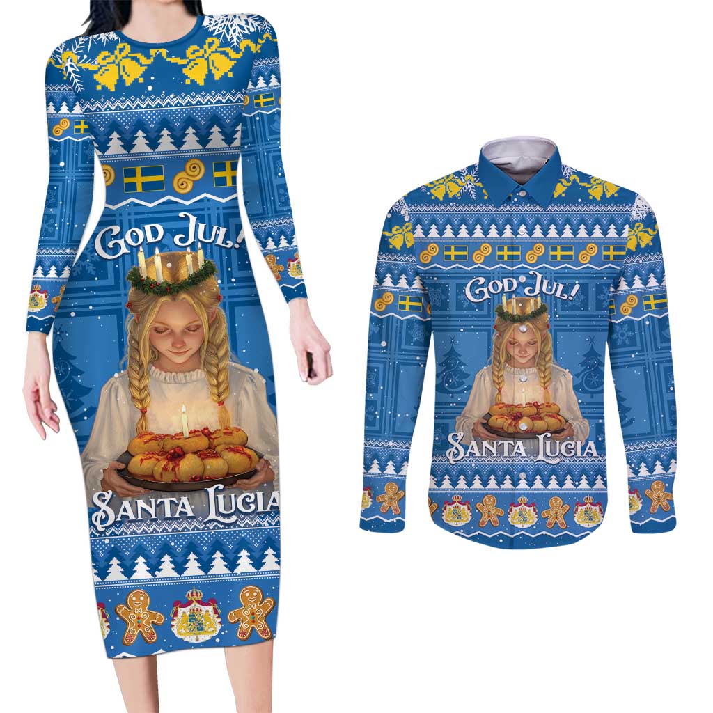 Sweden Christmas Couples Matching Long Sleeve Bodycon Dress and Long Sleeve Button Shirt God Jul! Santa Lucia - Wonder Print Shop