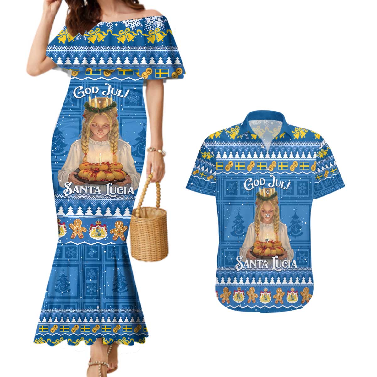 Sweden Christmas Couples Matching Mermaid Dress and Hawaiian Shirt God Jul! Santa Lucia - Wonder Print Shop