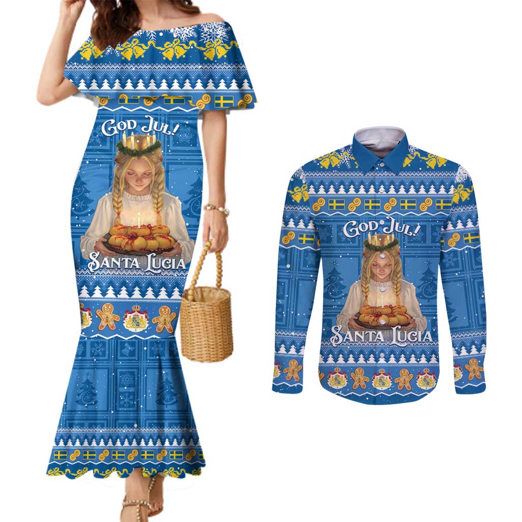 Sweden Christmas Couples Matching Mermaid Dress and Long Sleeve Button Shirt God Jul! Santa Lucia