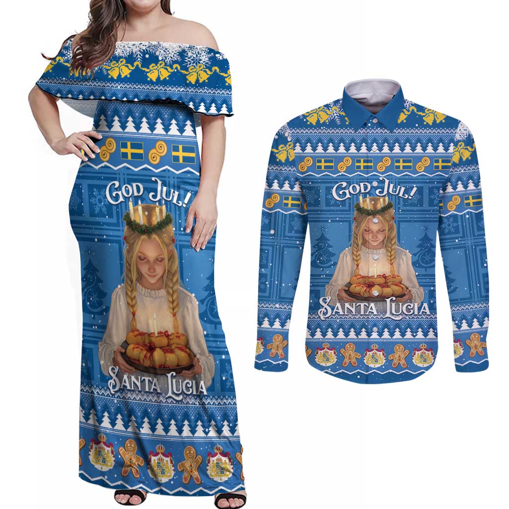 Sweden Christmas Couples Matching Off Shoulder Maxi Dress and Long Sleeve Button Shirt God Jul! Santa Lucia - Wonder Print Shop