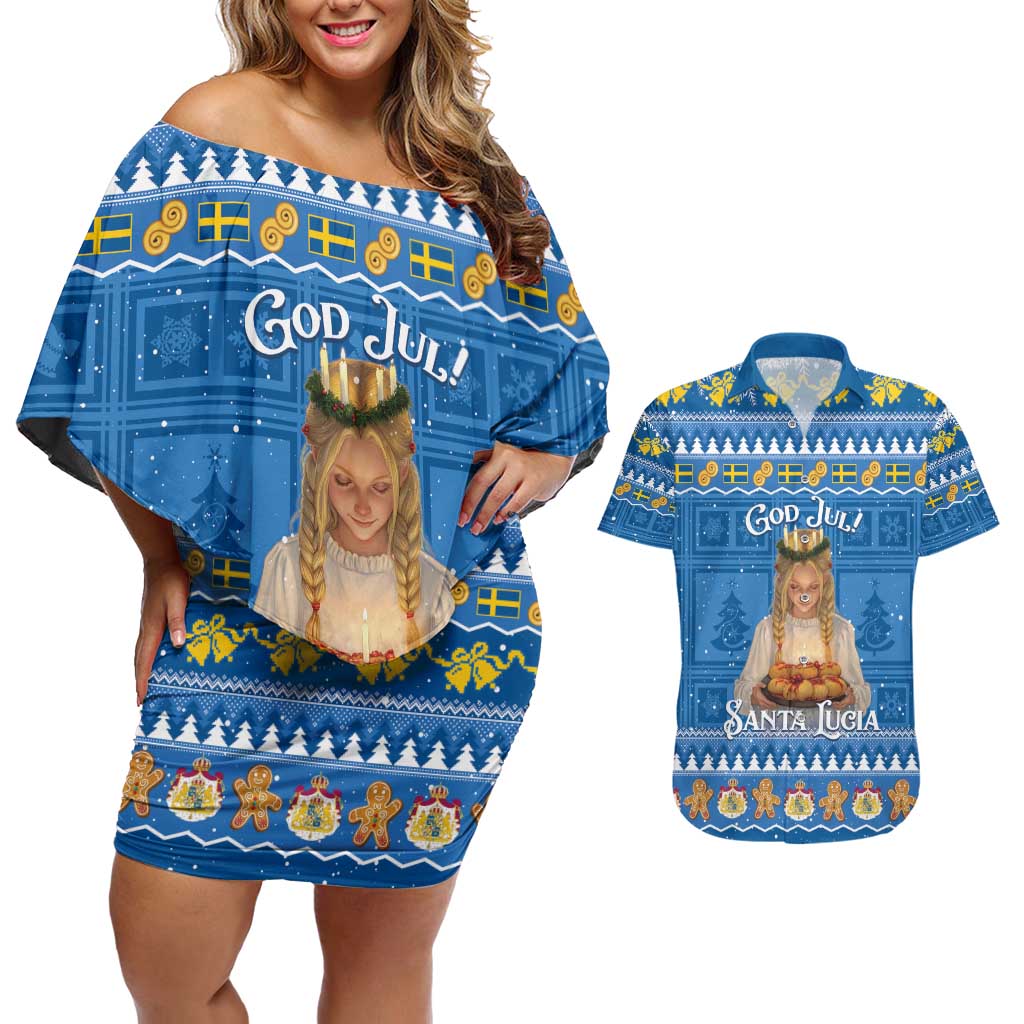 Sweden Christmas Couples Matching Off Shoulder Short Dress and Hawaiian Shirt God Jul! Santa Lucia - Wonder Print Shop