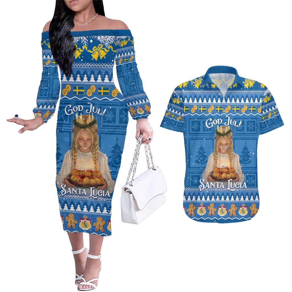 Sweden Christmas Couples Matching Off The Shoulder Long Sleeve Dress and Hawaiian Shirt God Jul! Santa Lucia - Wonder Print Shop