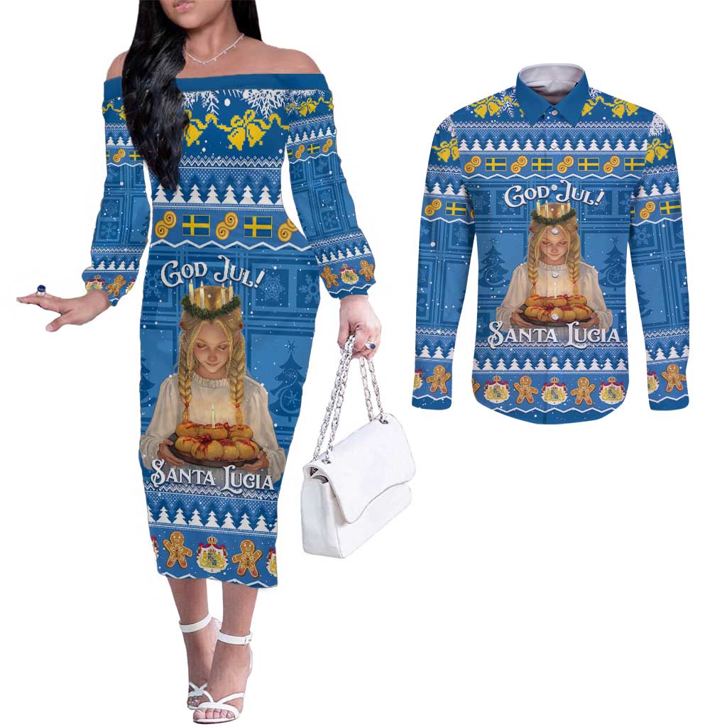 Sweden Christmas Couples Matching Off The Shoulder Long Sleeve Dress and Long Sleeve Button Shirt God Jul! Santa Lucia