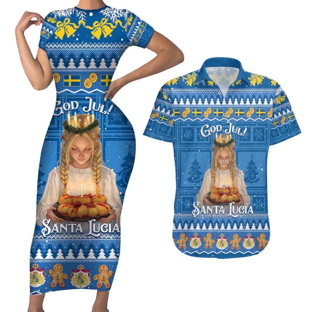 Sweden Christmas Couples Matching Short Sleeve Bodycon Dress and Hawaiian Shirt God Jul! Santa Lucia - Wonder Print Shop