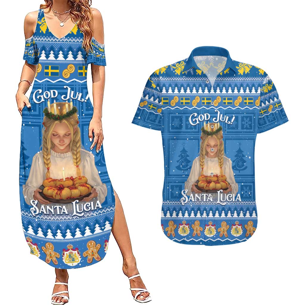 Sweden Christmas Couples Matching Summer Maxi Dress and Hawaiian Shirt God Jul! Santa Lucia - Wonder Print Shop