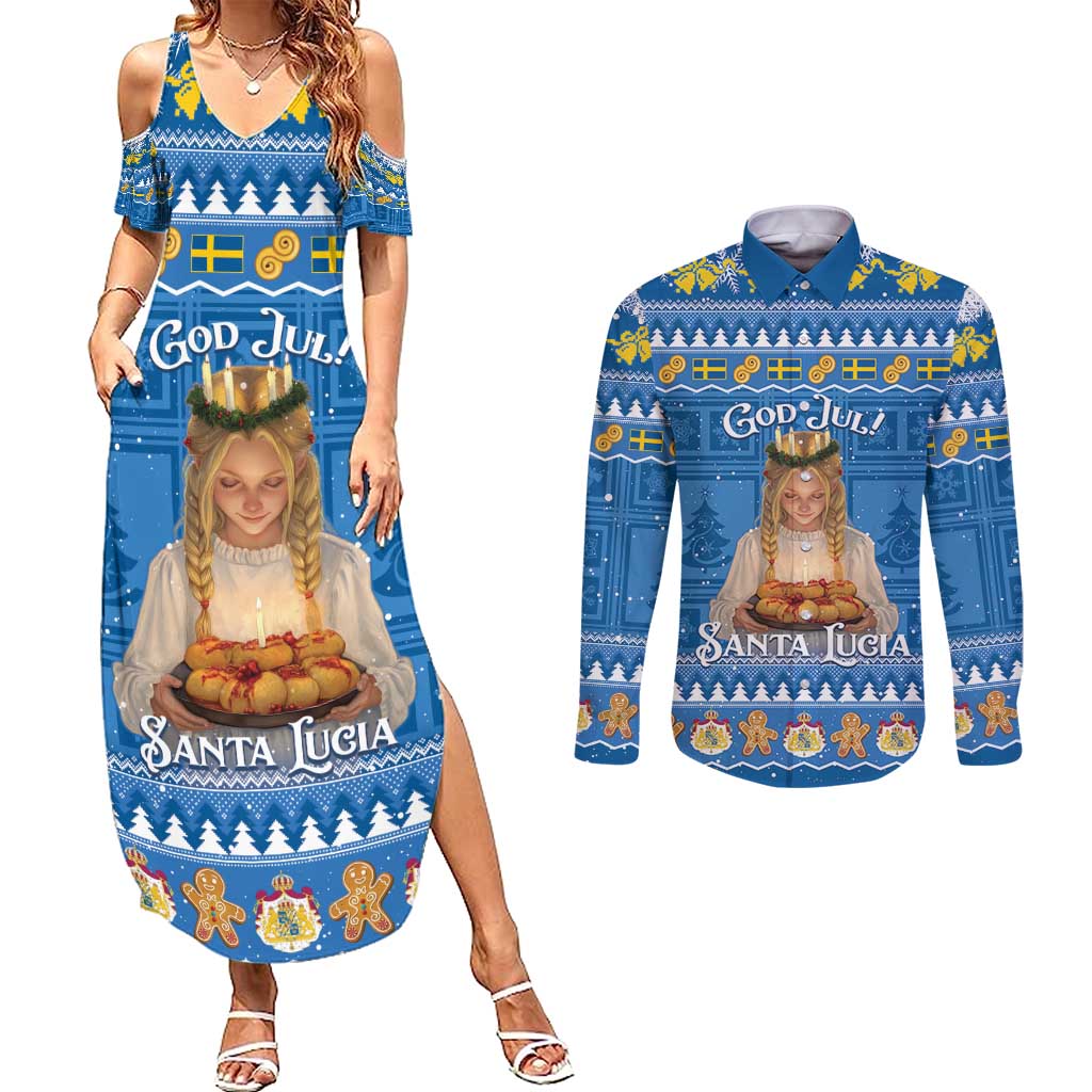 Sweden Christmas Couples Matching Summer Maxi Dress and Long Sleeve Button Shirt God Jul! Santa Lucia - Wonder Print Shop