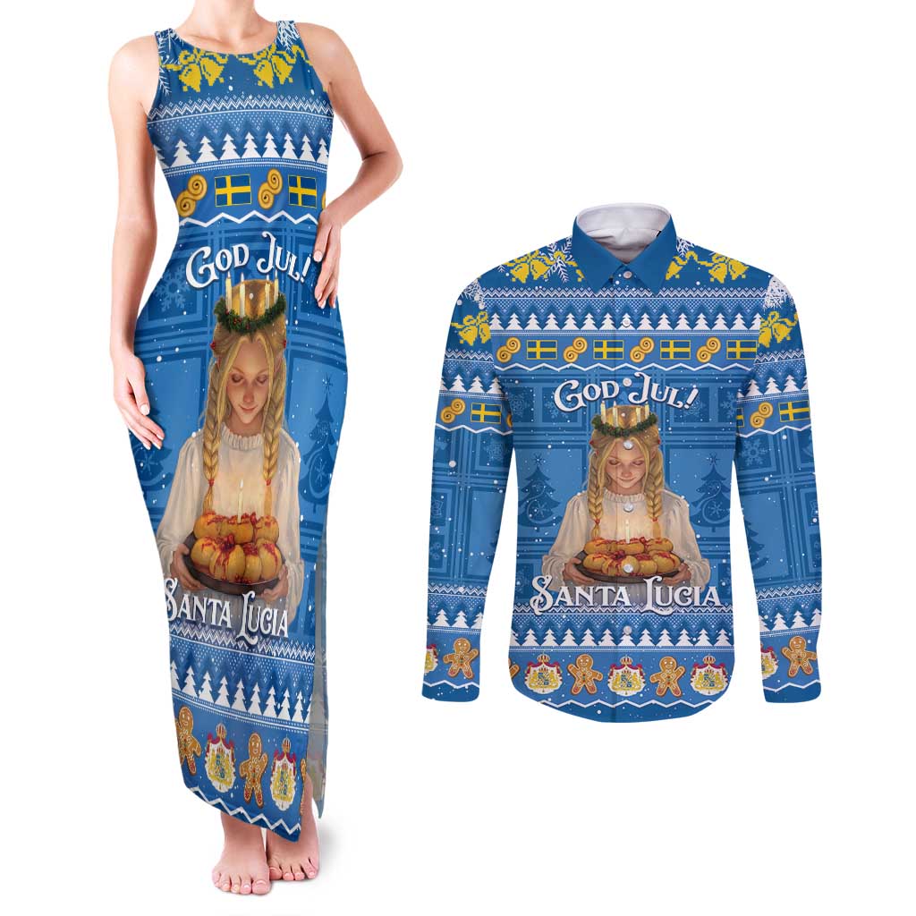 Sweden Christmas Couples Matching Tank Maxi Dress and Long Sleeve Button Shirt God Jul! Santa Lucia - Wonder Print Shop