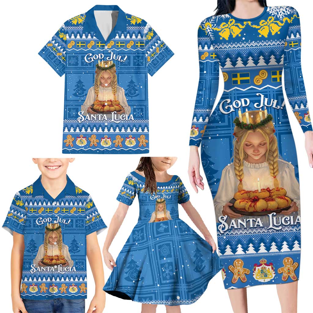 Sweden Christmas Family Matching Long Sleeve Bodycon Dress and Hawaiian Shirt God Jul! Santa Lucia - Wonder Print Shop