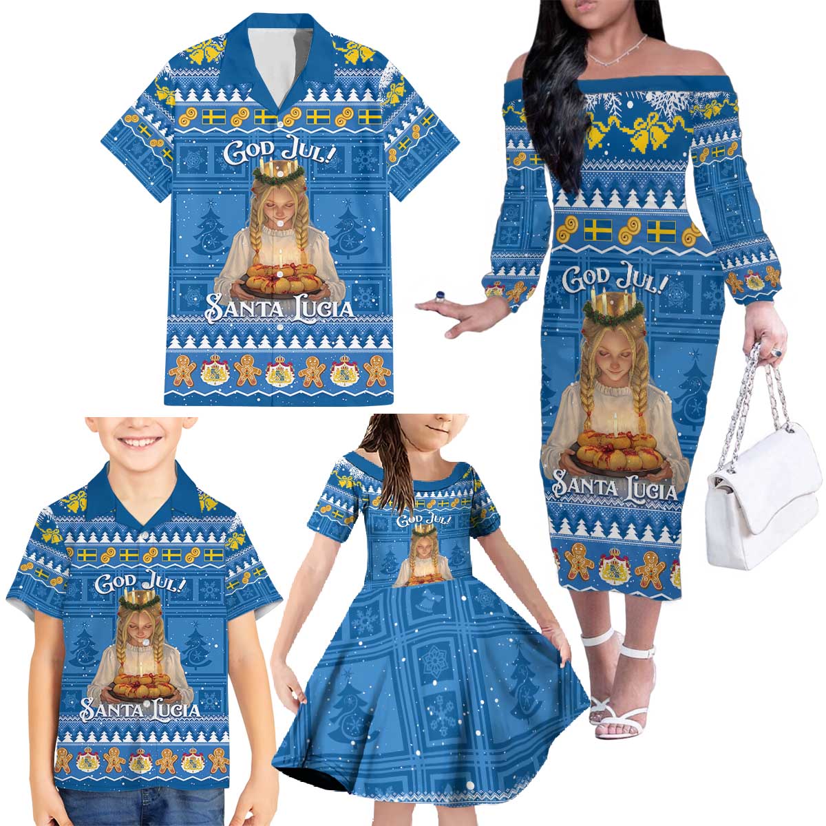 Sweden Christmas Family Matching Off The Shoulder Long Sleeve Dress and Hawaiian Shirt God Jul! Santa Lucia - Wonder Print Shop