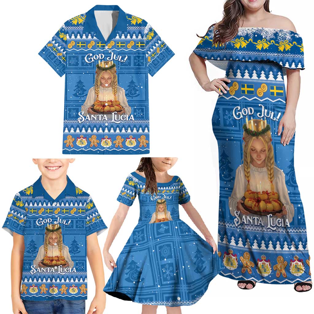 Sweden Christmas Family Matching Off Shoulder Maxi Dress and Hawaiian Shirt God Jul! Santa Lucia - Wonder Print Shop