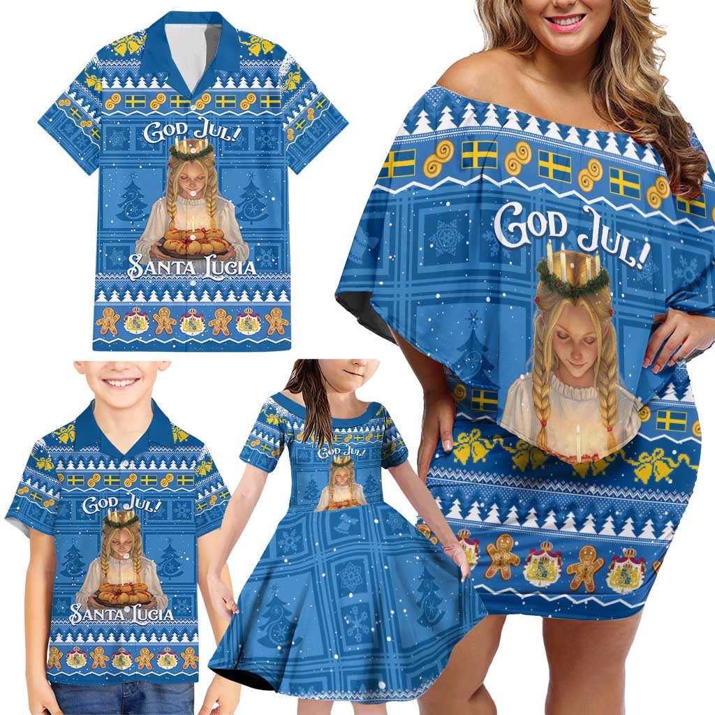 Sweden Christmas Family Matching Off Shoulder Short Dress and Hawaiian Shirt God Jul! Santa Lucia - Wonder Print Shop